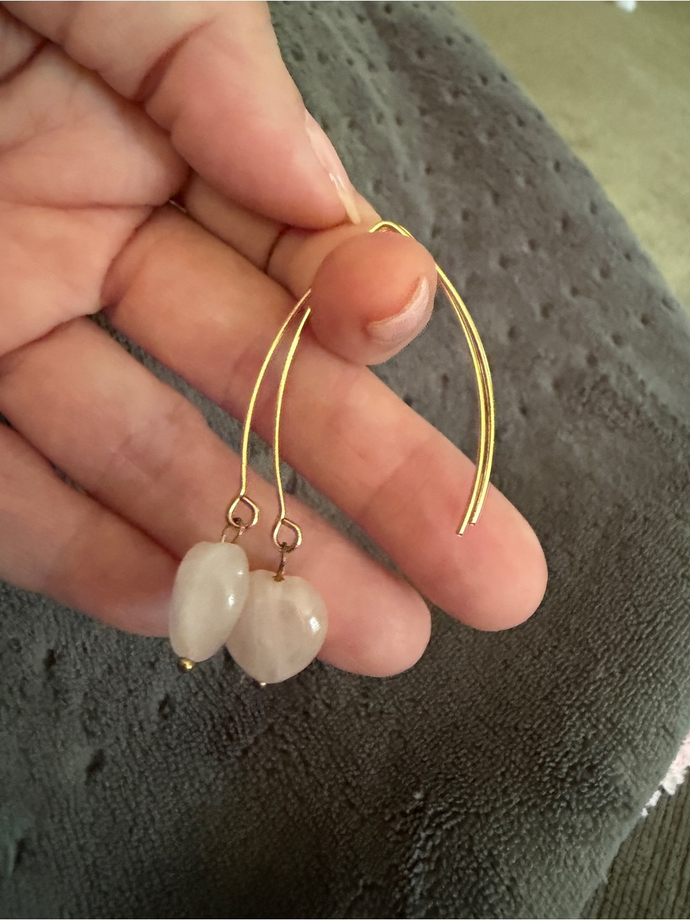 Katia Designs Rose Quartz Heart Drop Earrings with Gold Hooks - Picture 4 of 4